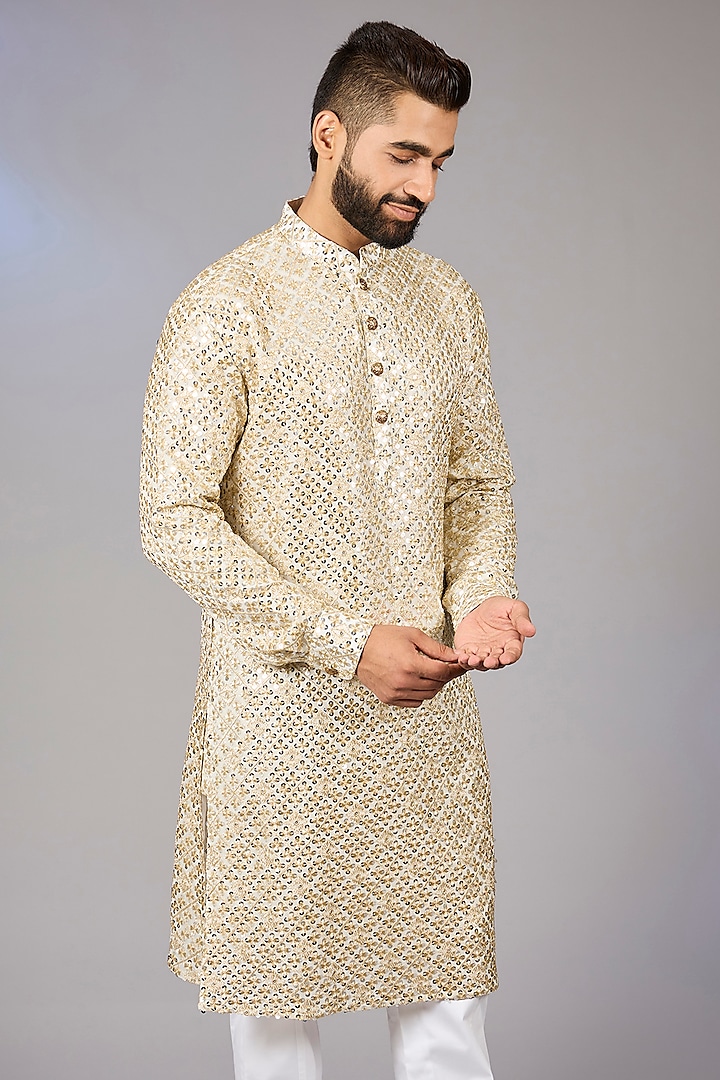 Gold Poly Viscose Blend Motif Thread Embroidered Kurta Set by VICUGNA at Pernia's Pop Up Shop