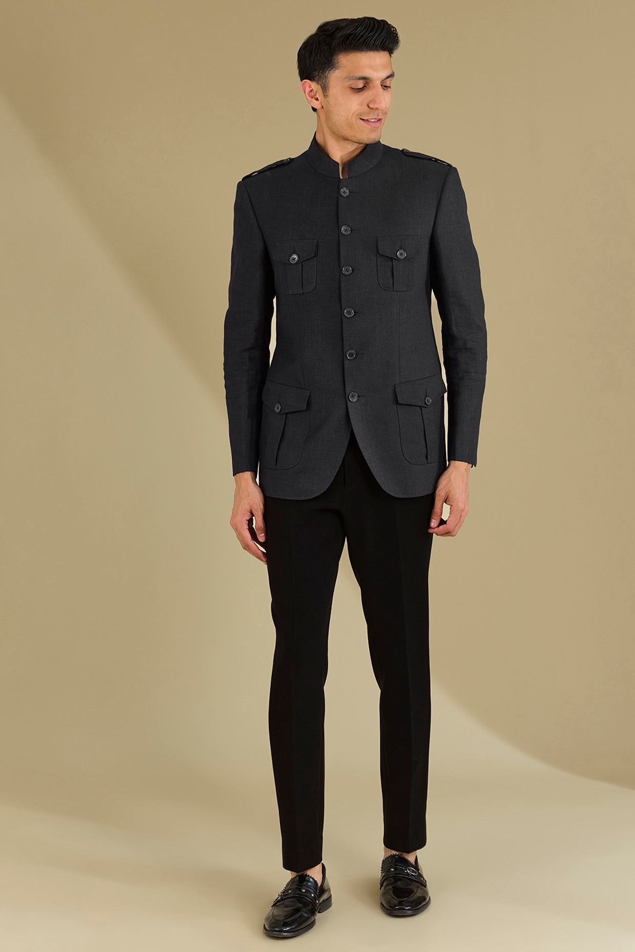 VICUGNA Dark Blue Linen Hunter Bandhgala Set