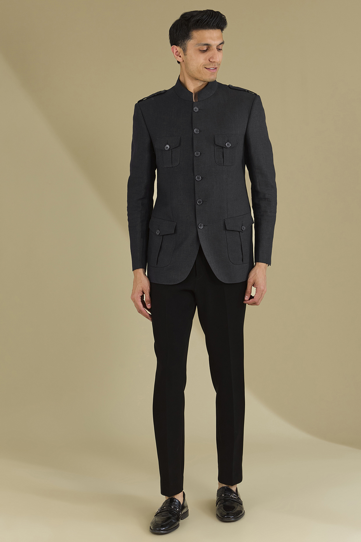 Dark Blue Linen Hunter Jacket Set by VICUGNA