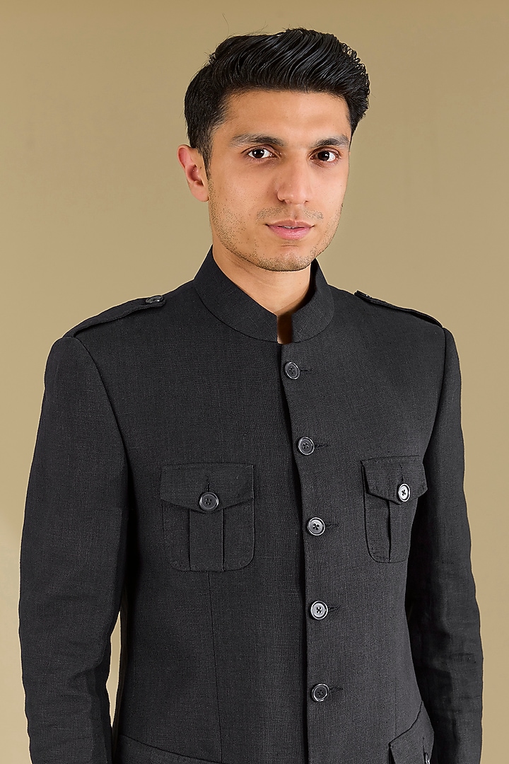 Dark Blue Linen Hunter Wedding Bandhgala Set by VICUGNA at Pernia's Pop Up Shop