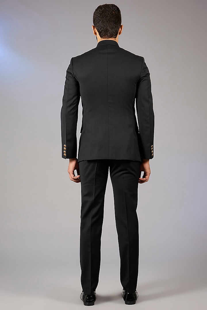 Black Poly Viscose Wedding Bandhgala Set by VICUGNA at Pernia's Pop Up Shop