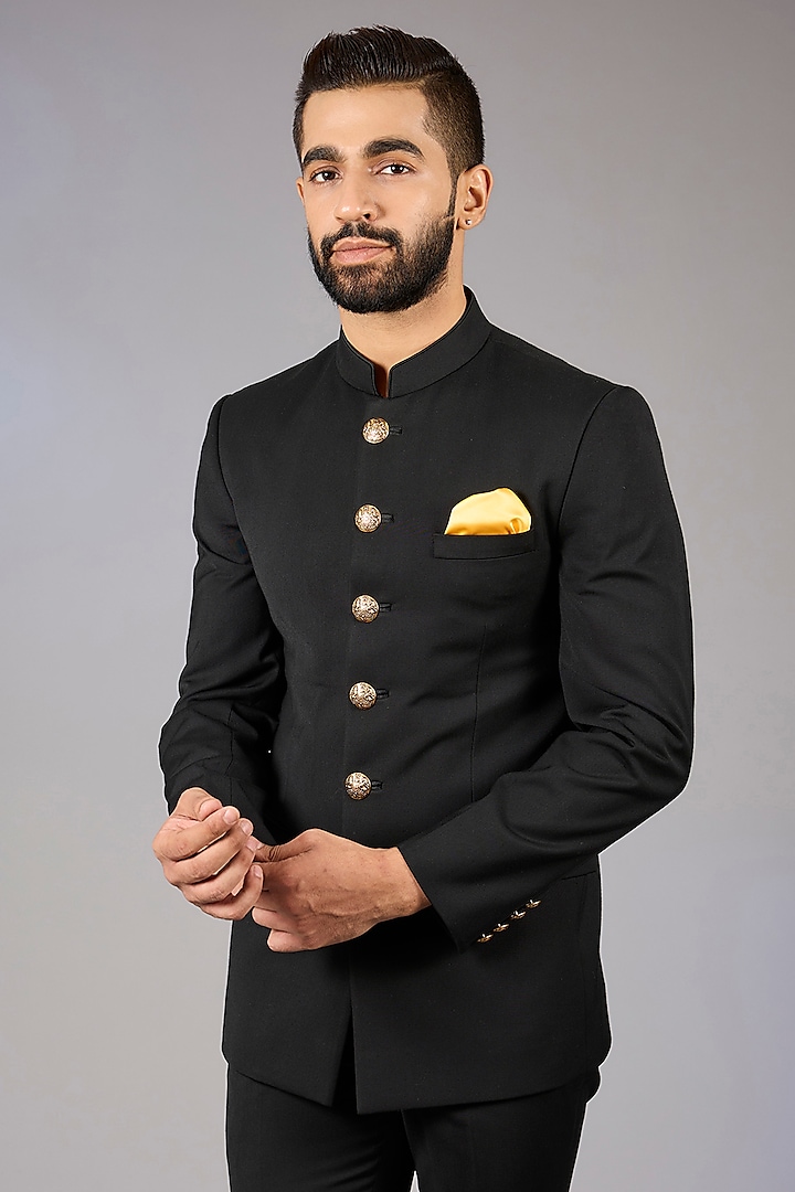 Black Poly Viscose Wedding Bandhgala Set by VICUGNA at Pernia's Pop Up Shop