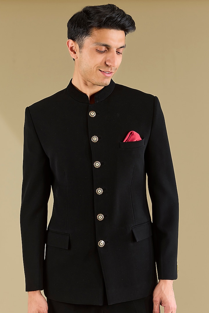 Black Poly Viscose Wedding Bandhgala Set by VICUGNA at Pernia's Pop Up Shop