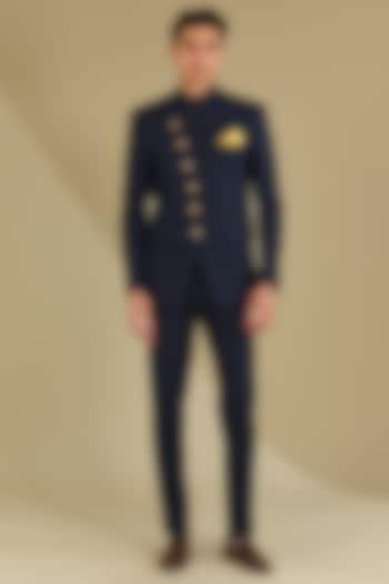 Blue Poly Viscose Textured Angarkha Style Wedding Bandhgala Set by VICUGNA at Pernia's Pop Up Shop