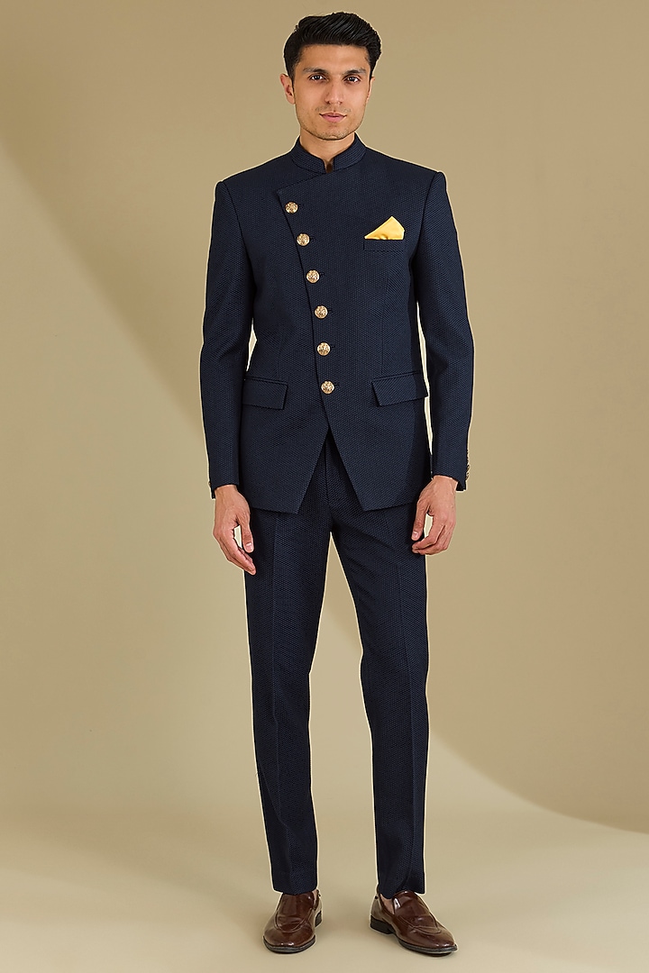 Blue Poly Viscose Textured Angarkha Style Wedding Bandhgala Set by VICUGNA at Pernia's Pop Up Shop