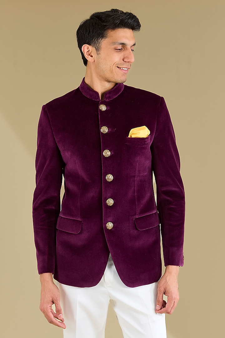 Dark Wine Cotton Velvet Wedding Bandhgala Set by VICUGNA at Pernia's Pop Up Shop