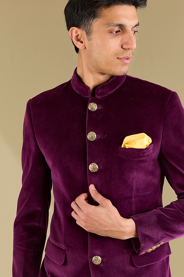Dark Wine Cotton Velvet Wedding Bandhgala Set by VICUGNA at Pernia's Pop Up Shop