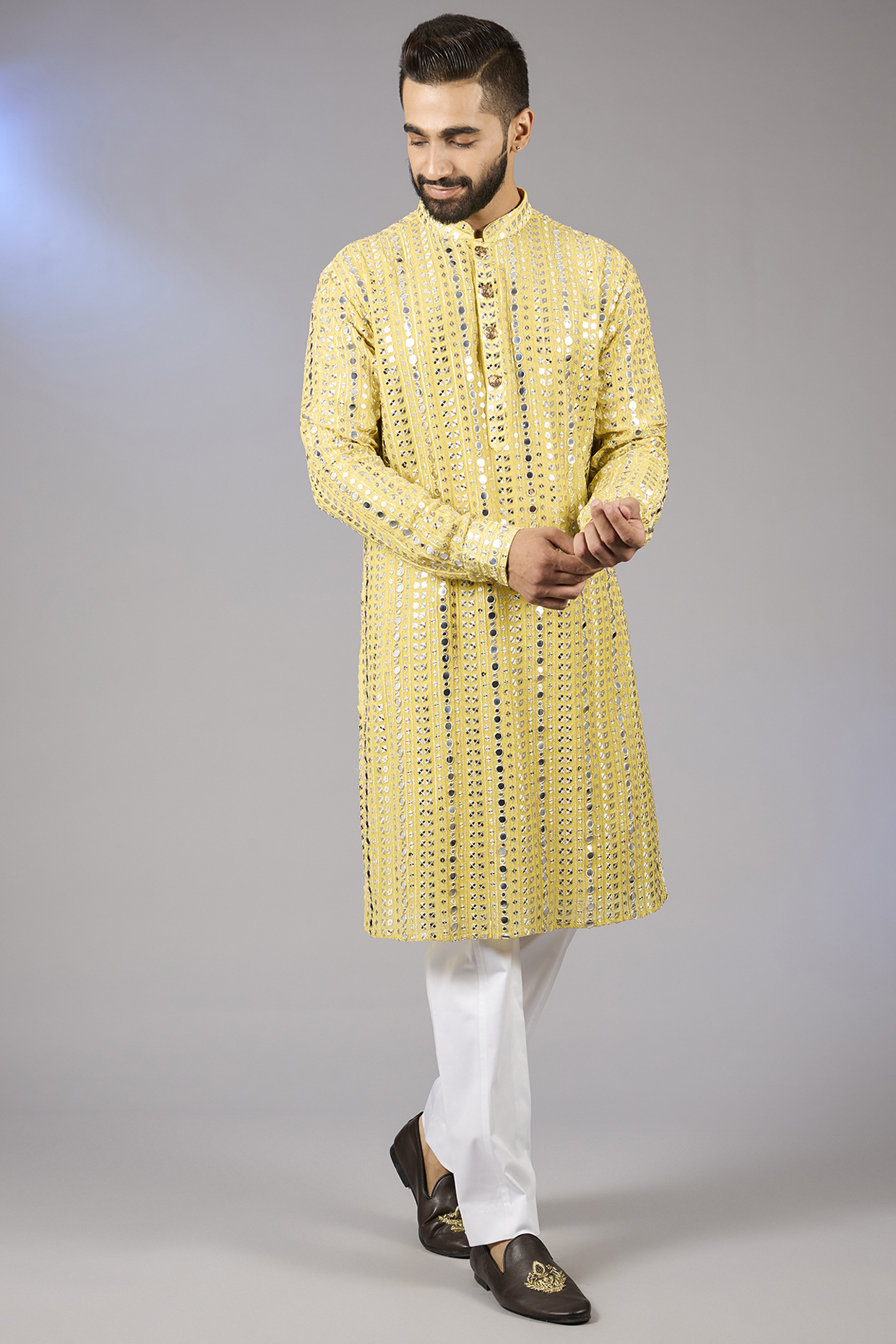 Yellow Gold Poly Viscose Blend Motif Thread Embroidered Kurta Set by VICUGNA