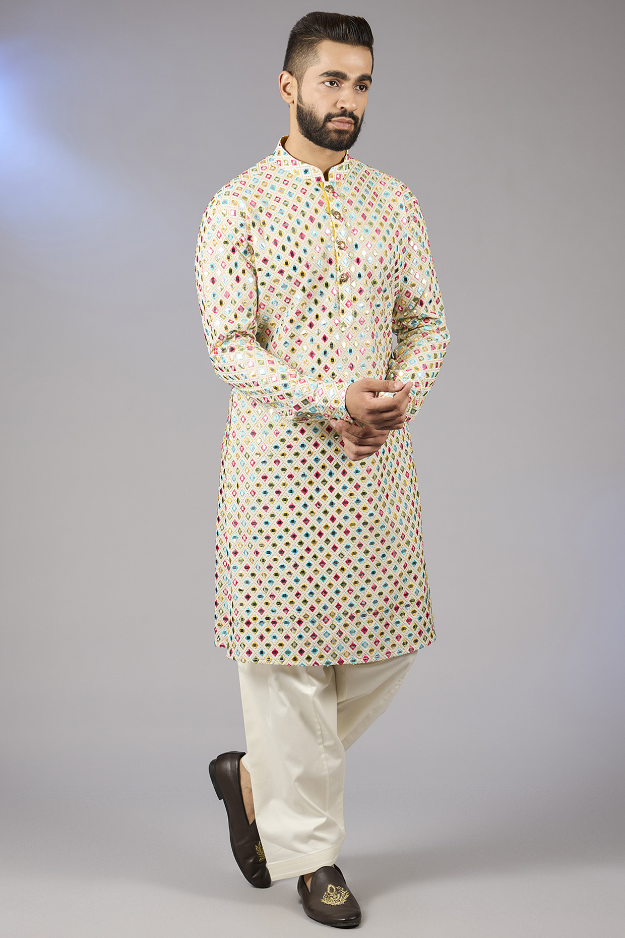 Multi-Colored Poly Viscose Blend Embroidered Kurta Set by VICUGNA