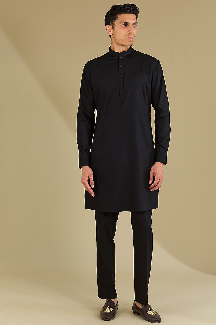 Black Raw Silk Bundi Jacket Set by VICUGNA at Pernia's Pop Up Shop