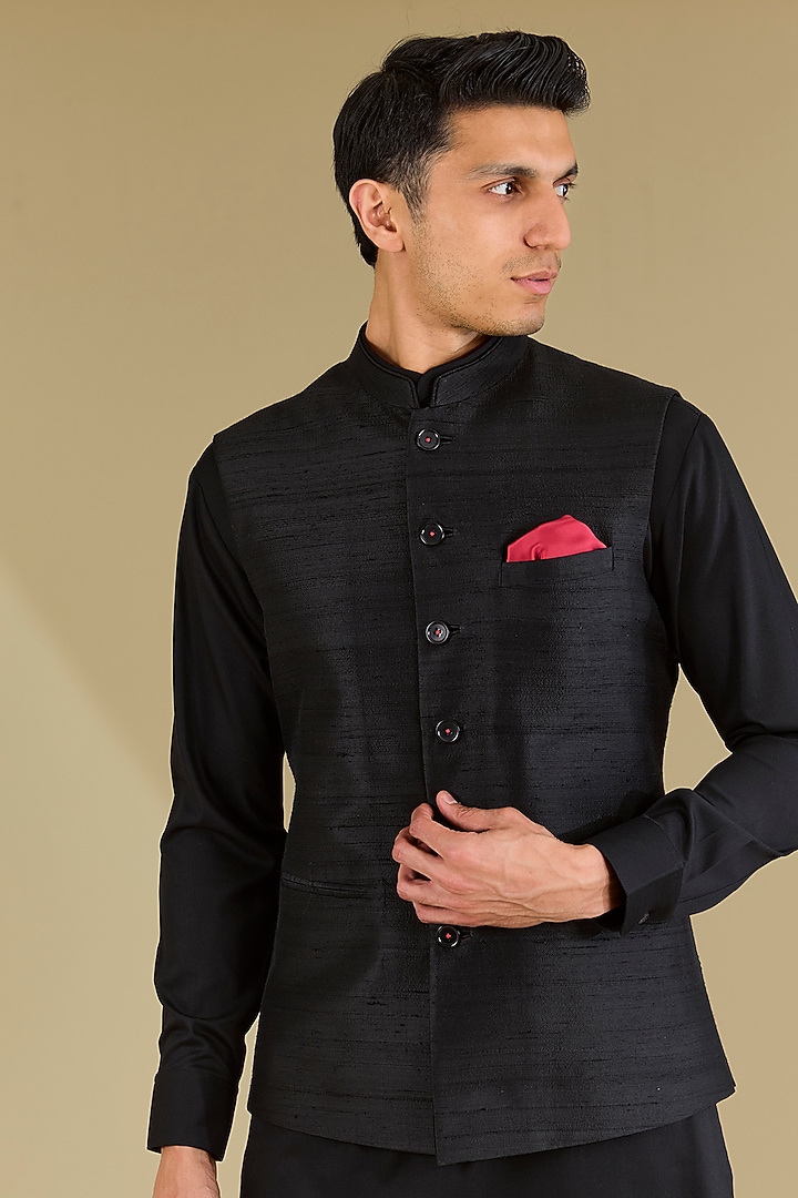 Black Raw Silk Bundi Jacket Set by VICUGNA at Pernia's Pop Up Shop