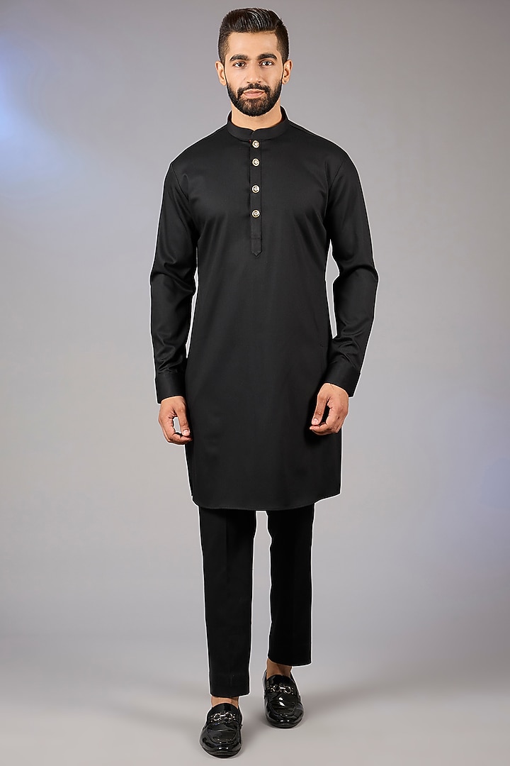 Black Poly Viscose Blend Wedding Indowestern Set by VICUGNA at Pernia's Pop Up Shop