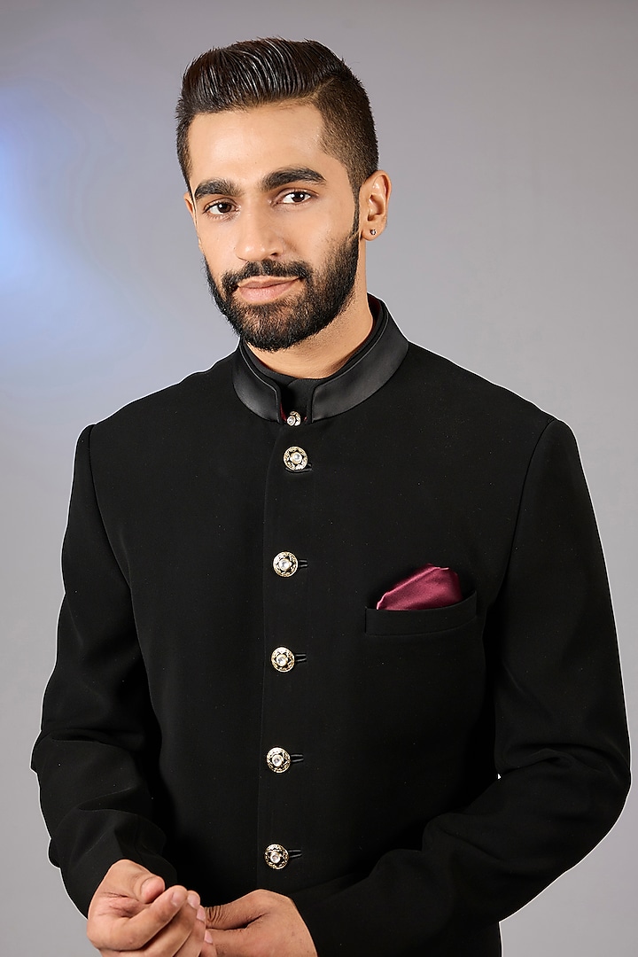 Black Poly Viscose Blend Wedding Indowestern Set by VICUGNA at Pernia's Pop Up Shop