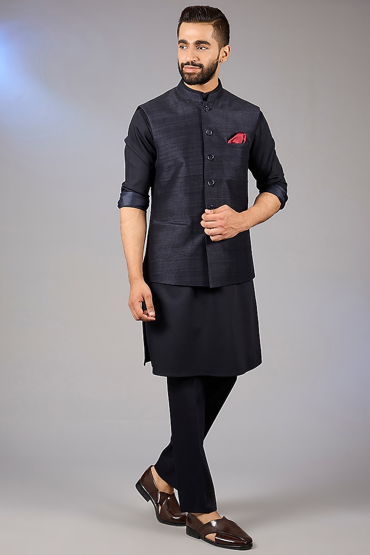 Blue Raw Silk Bundi Jacket Set by VICUGNA at Pernia's Pop Up Shop
