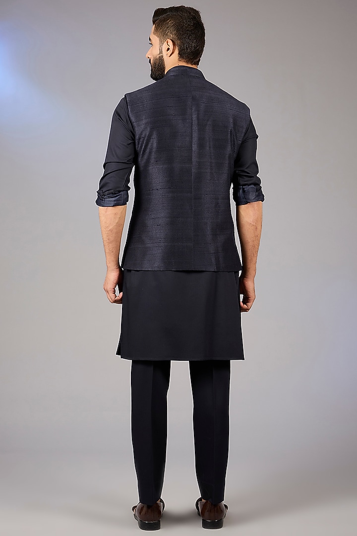 Blue Raw Silk Bundi Jacket Set by VICUGNA at Pernia's Pop Up Shop