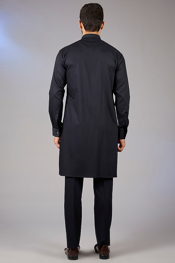 Blue Raw Silk Bundi Jacket Set by VICUGNA at Pernia's Pop Up Shop