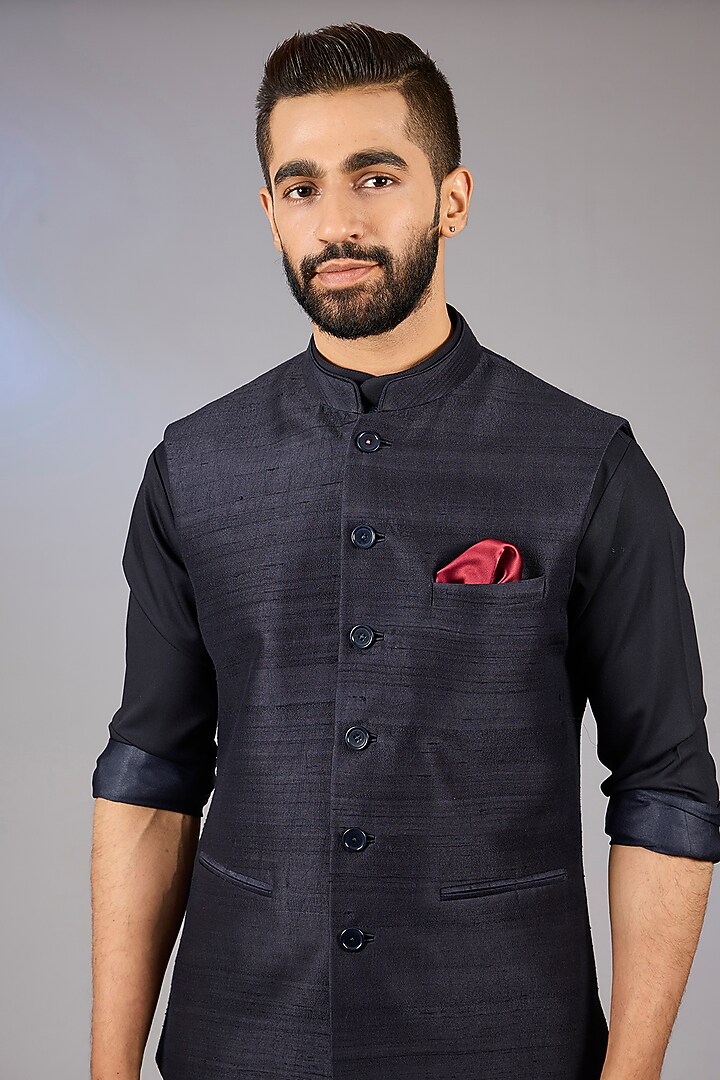 Blue Raw Silk Bundi Jacket Set by VICUGNA at Pernia's Pop Up Shop