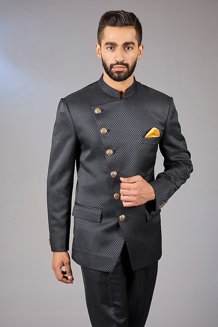 Dark Blue Poly Viscose Textured Angarkha Style Wedding Bandhgala Set by VICUGNA at Pernia's Pop Up Shop