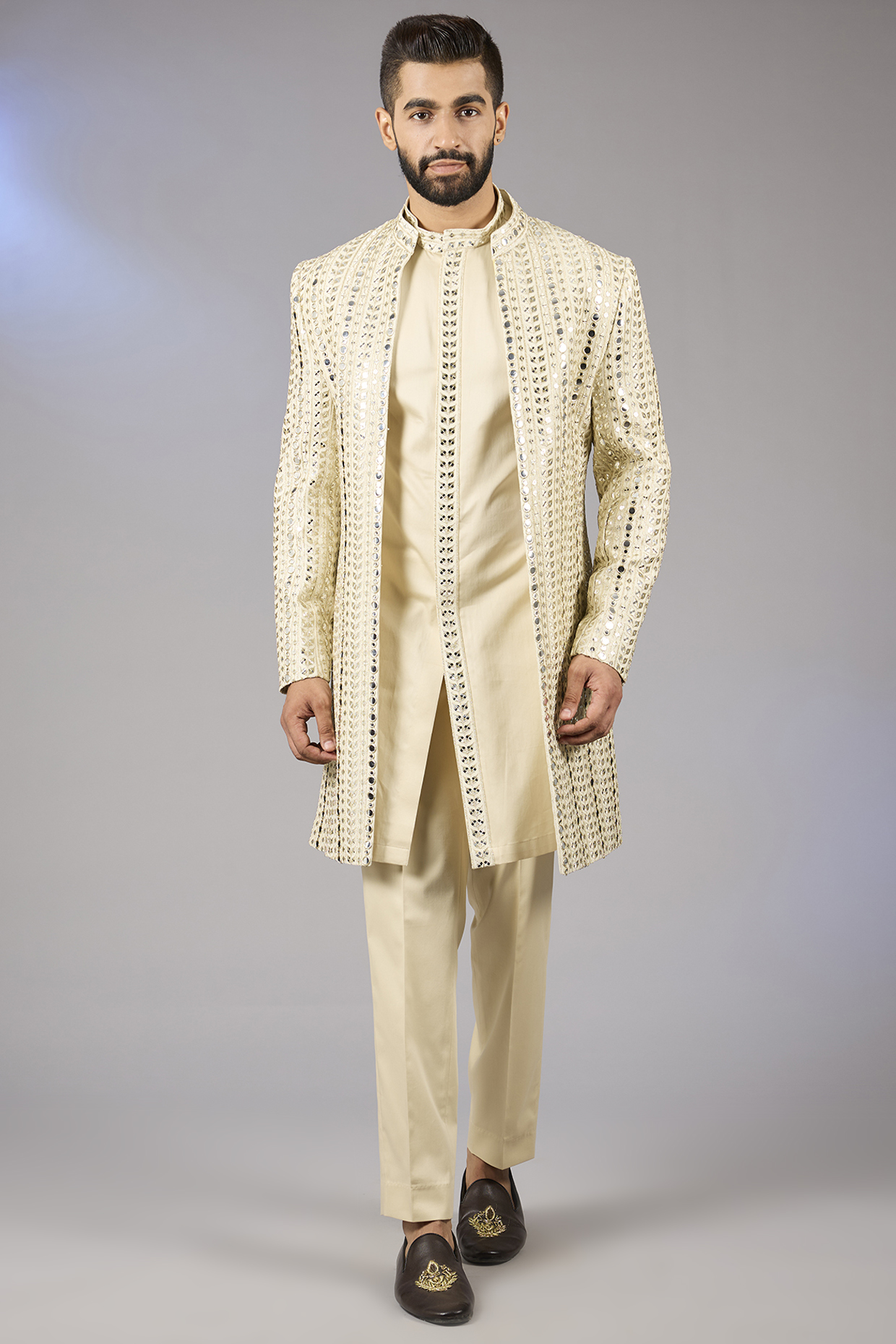 Beige Poly Viscose Blend Mirror Embroidered Indowestern Set by VICUGNA