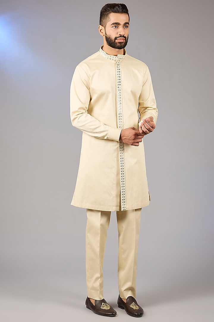 Beige Poly Viscose Blend Mirror Embroidered Wedding Indowestern Set by VICUGNA at Pernia's Pop Up Shop