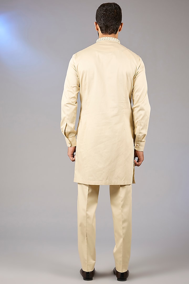 Beige Poly Viscose Blend Mirror Embroidered Wedding Indowestern Set by VICUGNA at Pernia's Pop Up Shop