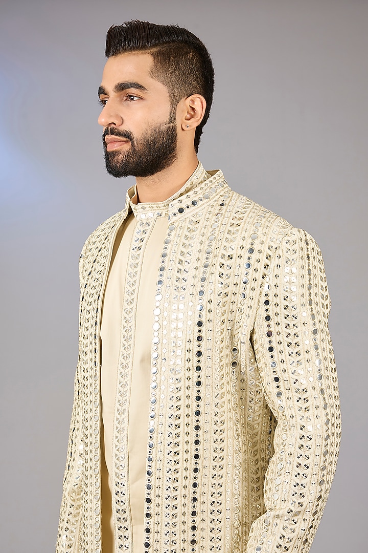 Beige Poly Viscose Blend Mirror Embroidered Wedding Indowestern Set by VICUGNA at Pernia's Pop Up Shop