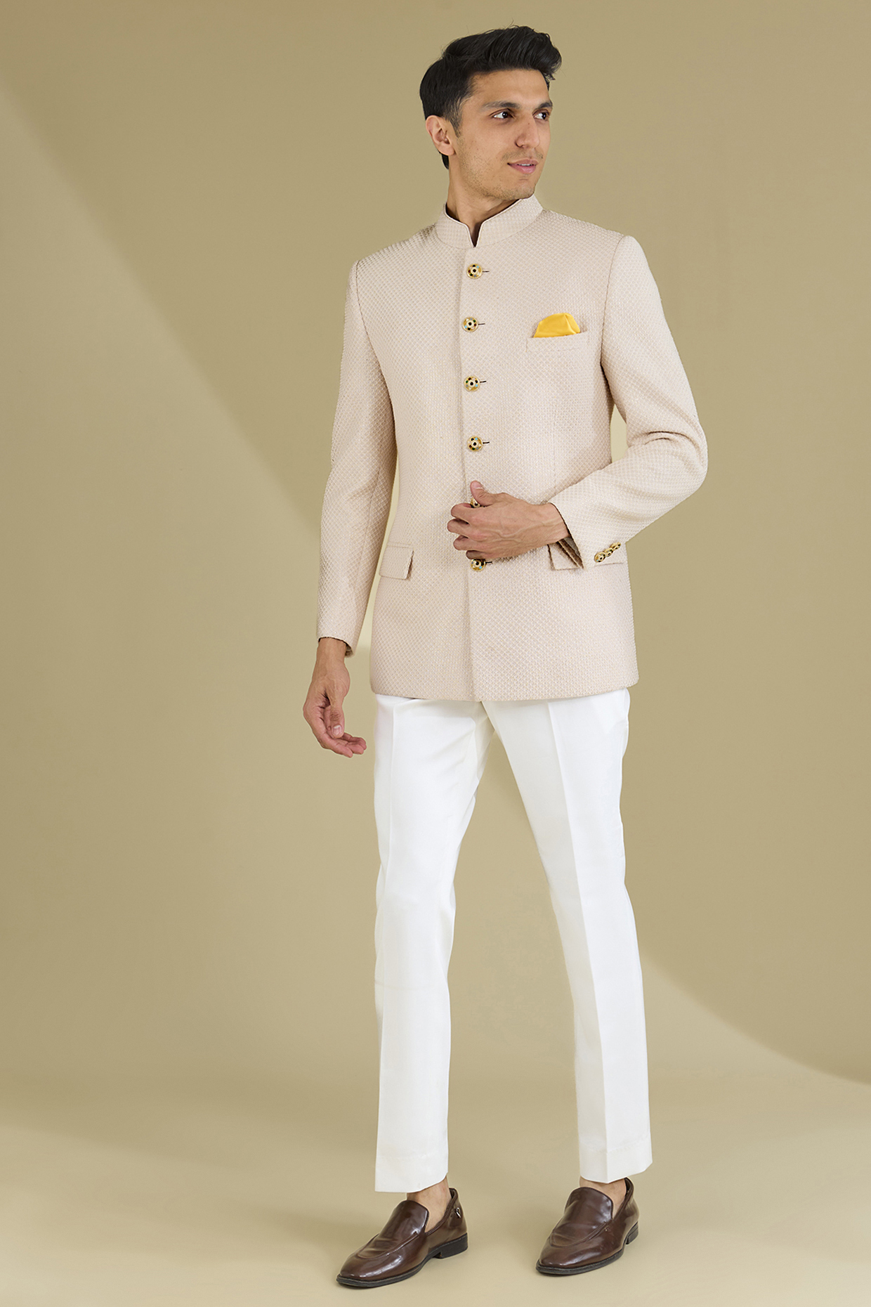 Blush Pink Poly Viscose Wedding Bandhgala Set by VICUGNA at Pernia's Pop Up Shop