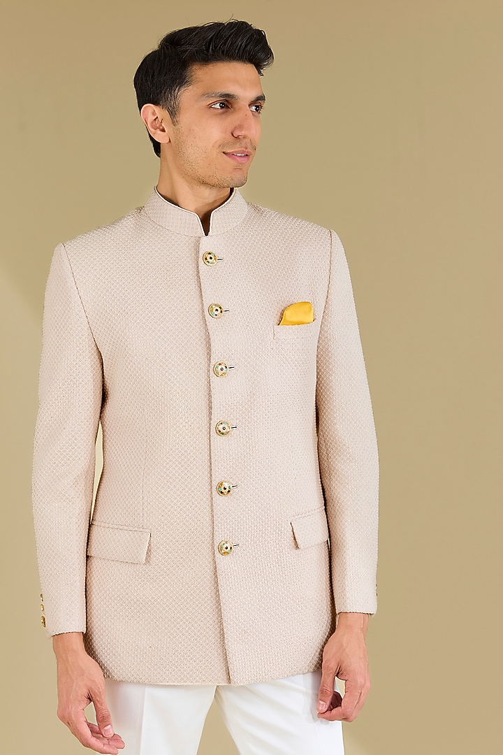 Blush Pink Poly Viscose Wedding Bandhgala Set by VICUGNA at Pernia's Pop Up Shop