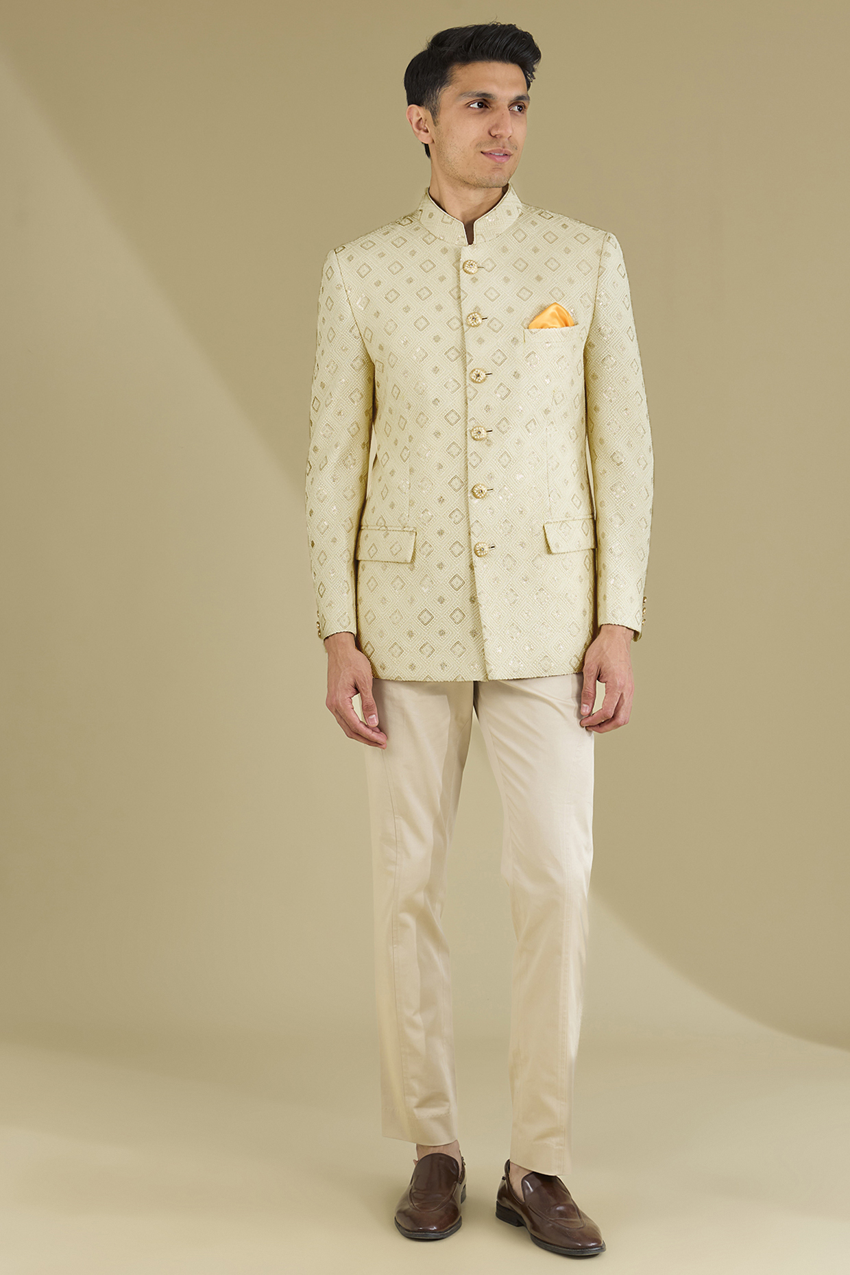 Cream Poly Viscose Wedding Bandhgala Set by VICUGNA at Pernia's Pop Up Shop