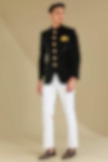 Dark Green Cotton Velvet Wedding Bandhgala Set by VICUGNA at Pernia's Pop Up Shop