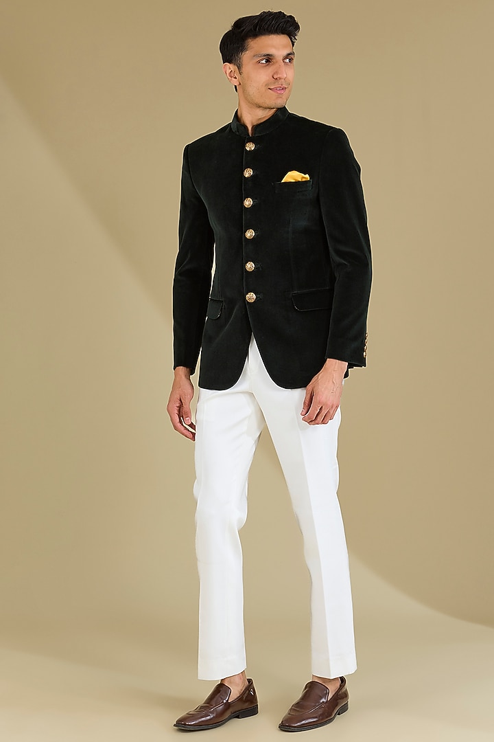 Dark Green Cotton Velvet Wedding Bandhgala Set by VICUGNA at Pernia's Pop Up Shop