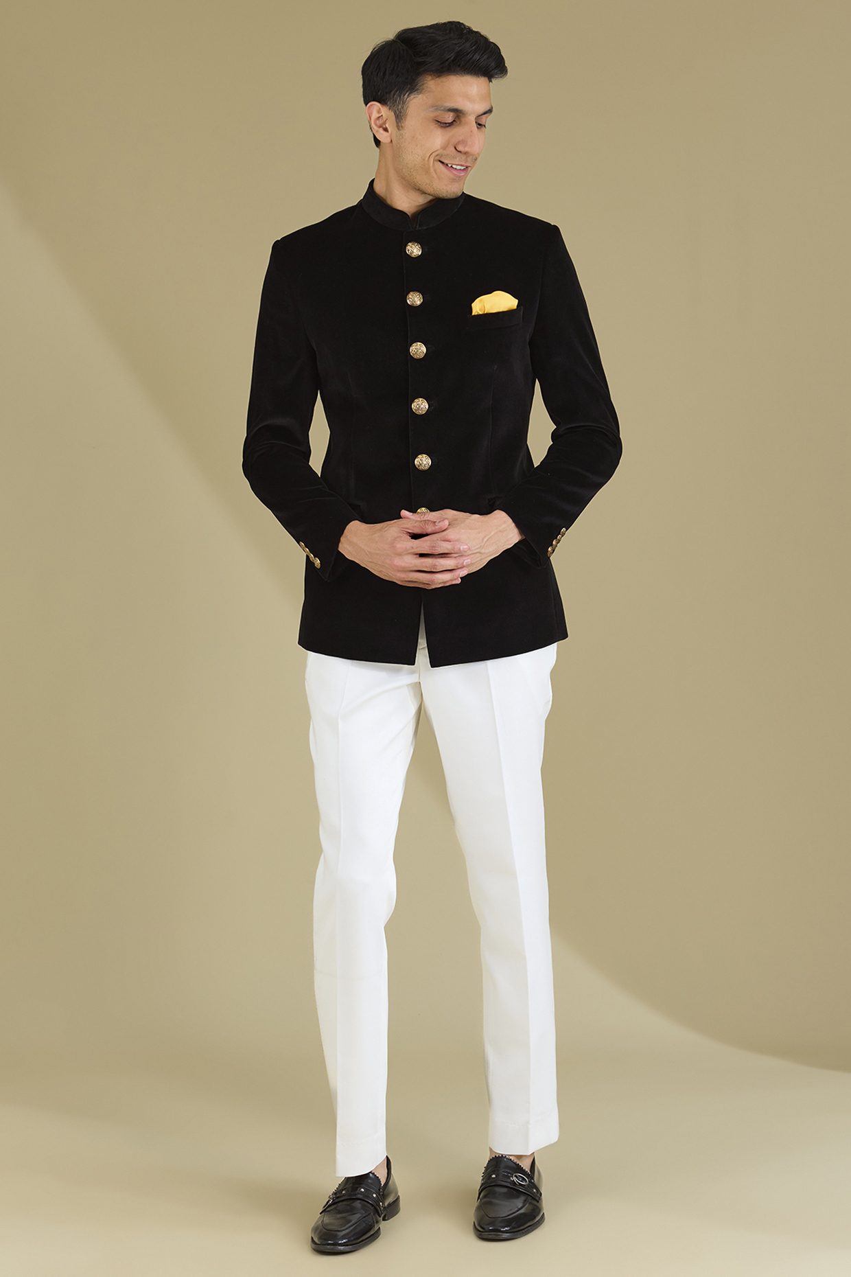 Black Cotton Velvet Bandhgala Set by VICUGNA