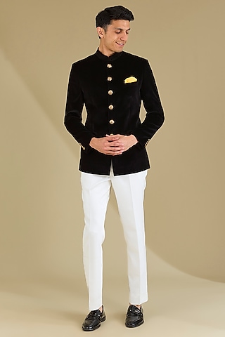 Black Cotton Velvet Bandhgala Set by VICUGNA