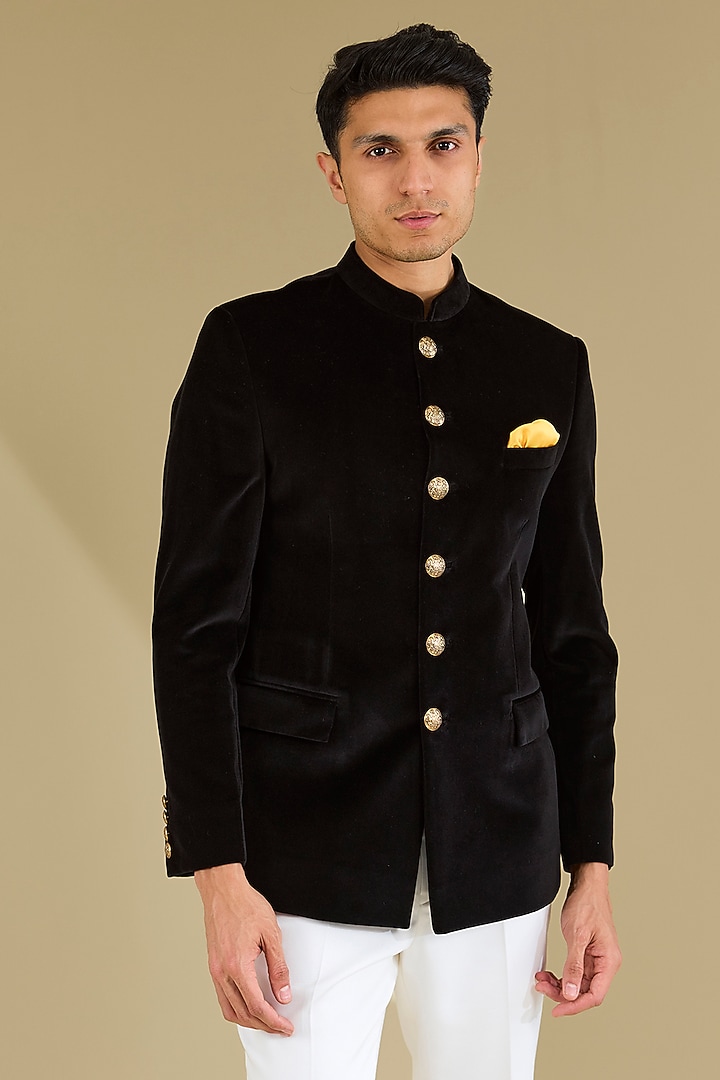 Black Cotton Velvet Wedding Bandhgala Set by VICUGNA at Pernia's Pop Up Shop