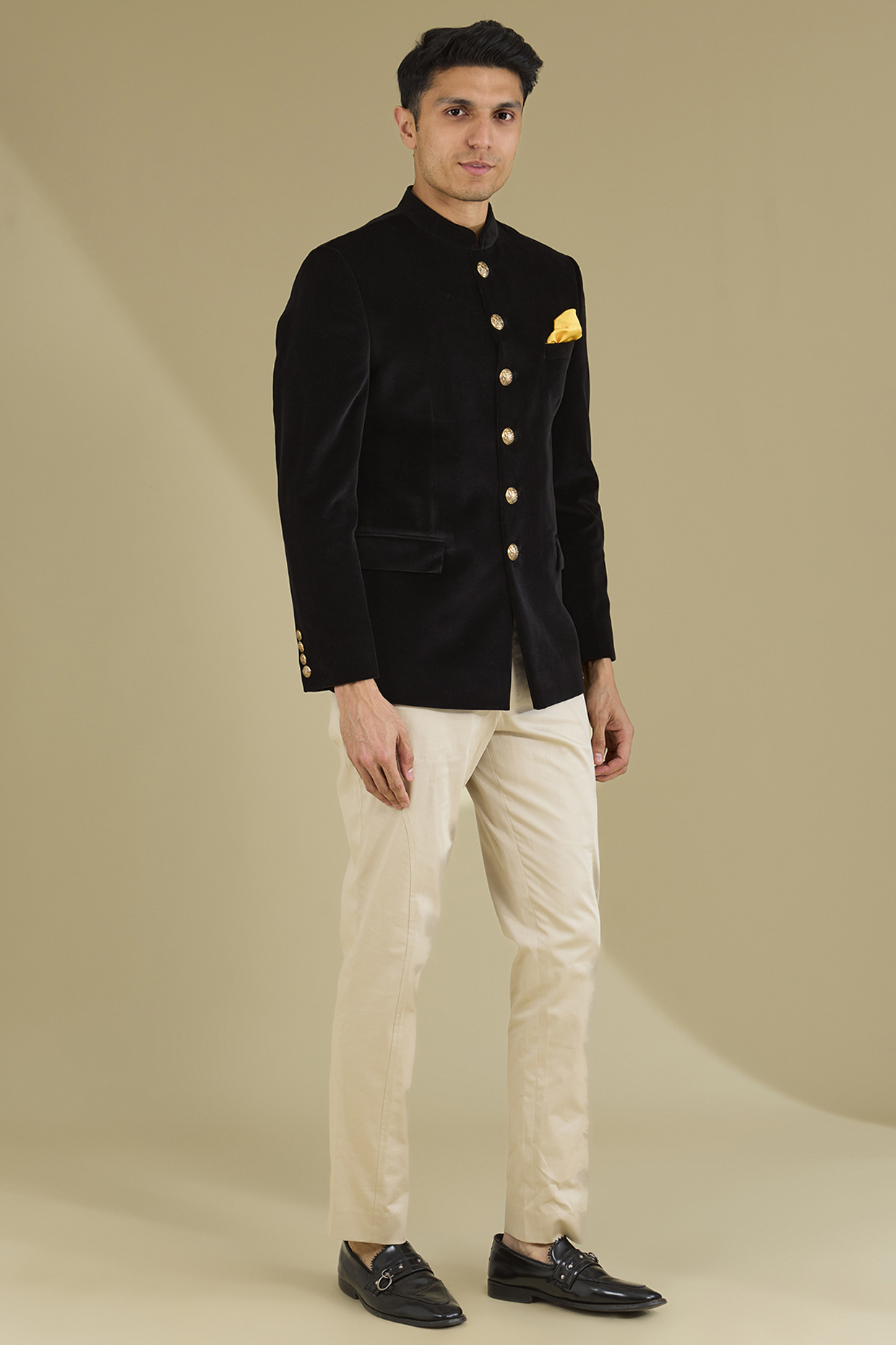 Black Cotton Velvet Bandhgala Set by VICUGNA