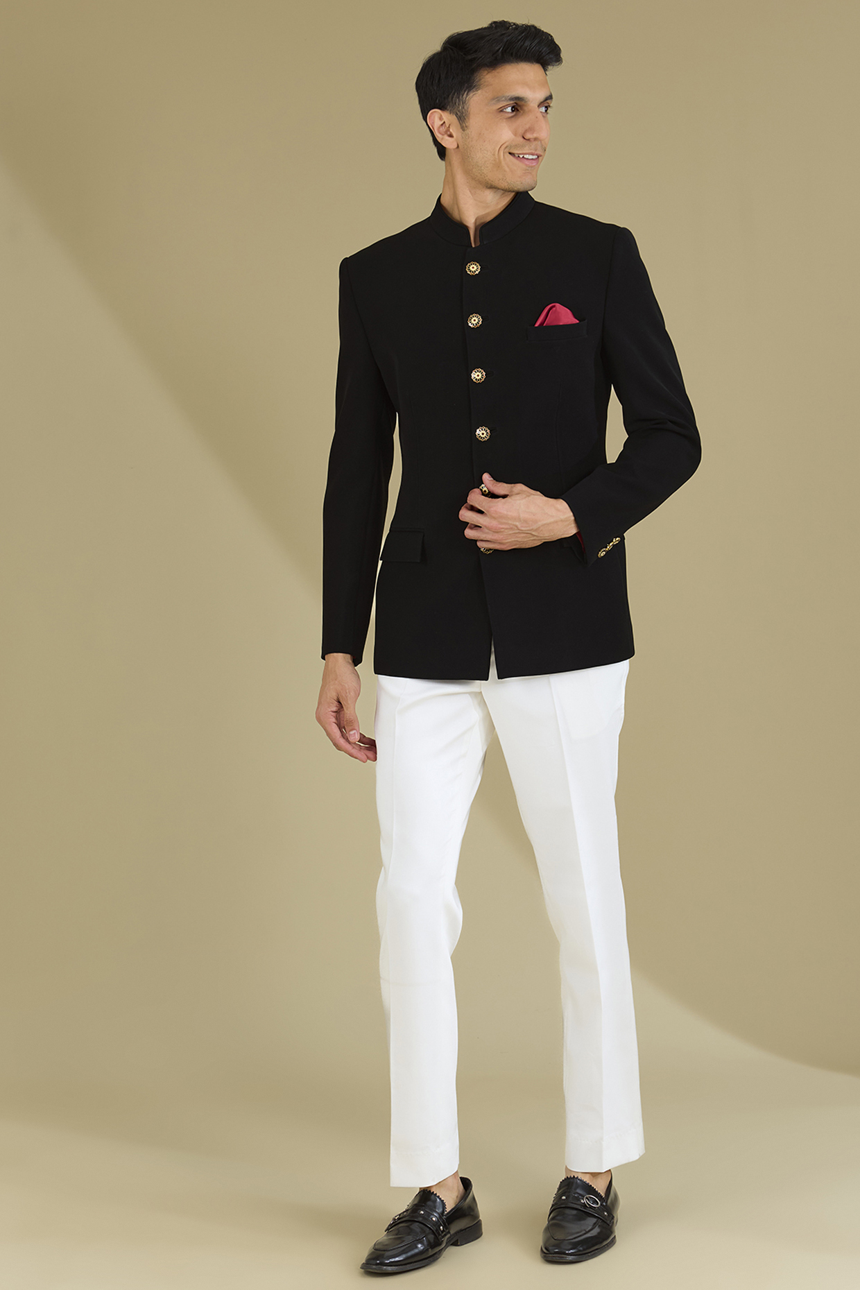 Black Poly Viscose Wedding Bandhgala Set by VICUGNA at Pernia's Pop Up Shop