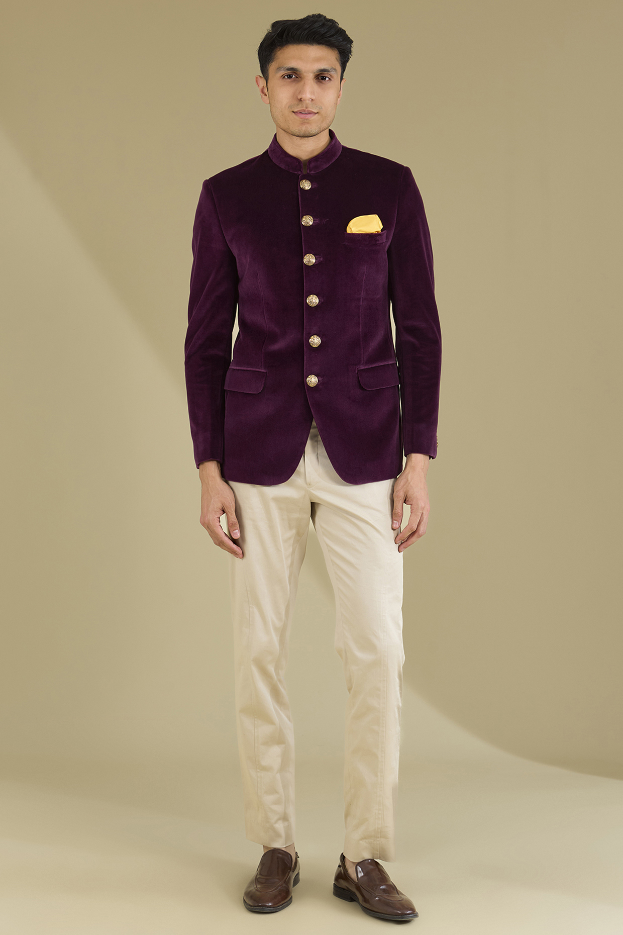 Dark Wine Cotton Velvet Bandhgala Set by VICUGNA