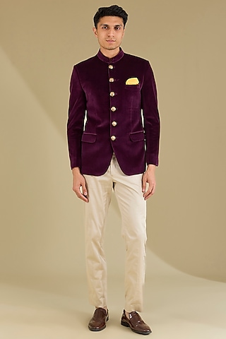 Dark Wine Cotton Velvet Bandhgala Set by VICUGNA