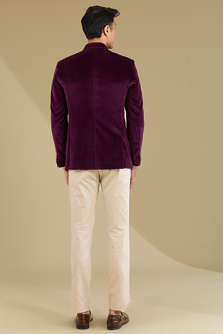 Dark Wine Cotton Velvet Wedding Bandhgala Set by VICUGNA at Pernia's Pop Up Shop