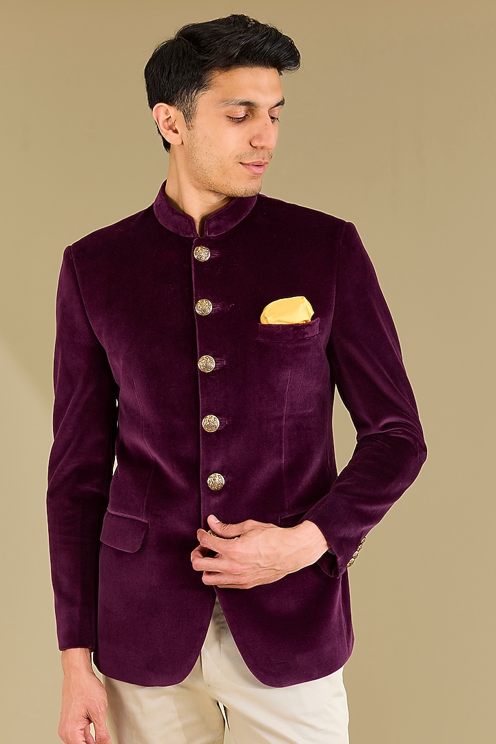 Dark Wine Cotton Velvet Wedding Bandhgala Set by VICUGNA at Pernia's Pop Up Shop