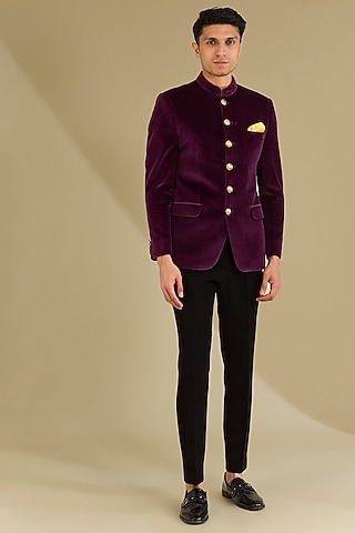 Dark Wine Cotton Velvet Bandhgala Set by VICUGNA