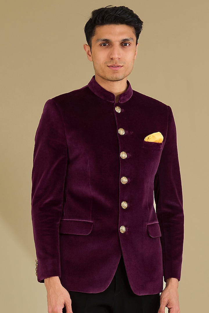 Dark Wine Cotton Velvet Wedding Bandhgala Set by VICUGNA at Pernia's Pop Up Shop