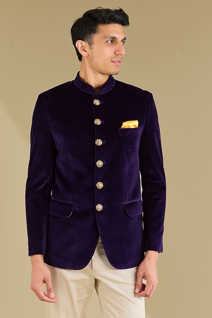 Purple Cotton Velvet Wedding Bandhgala Set by VICUGNA at Pernia's Pop Up Shop