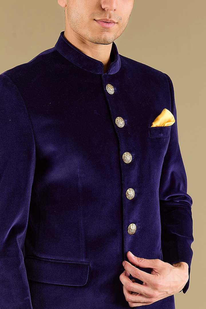 Purple Cotton Velvet Wedding Bandhgala Set by VICUGNA at Pernia's Pop Up Shop