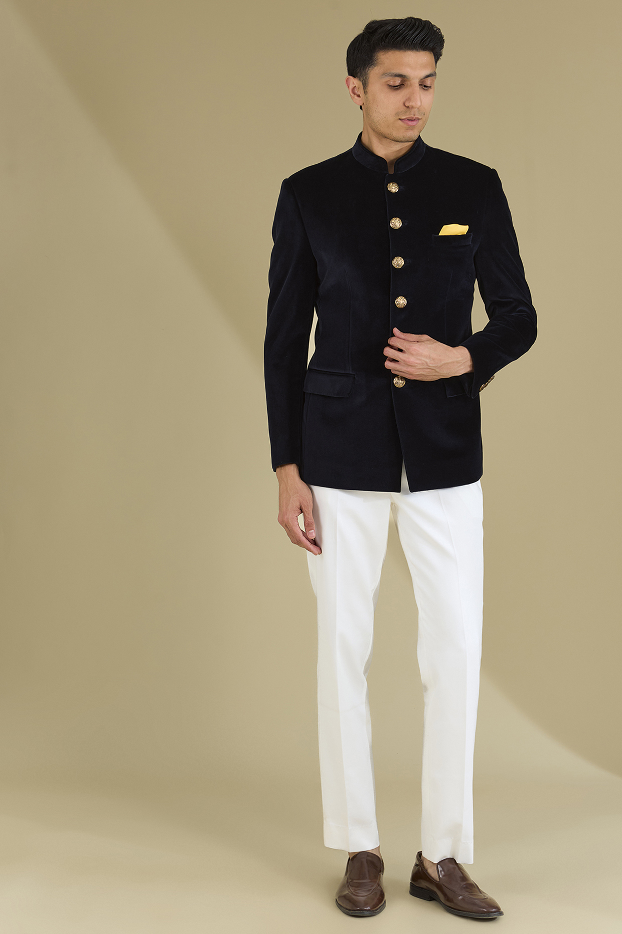 Blue Cotton Velvet Bandhgala Set by VICUGNA