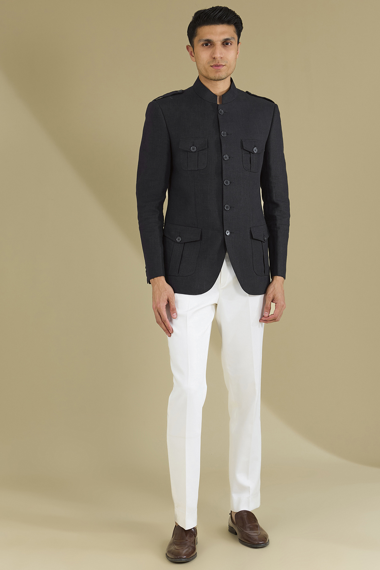 Dark Blue Linen Hunter Jacket Set by VICUGNA at Pernia's Pop Up Shop