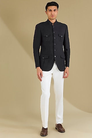 Dark Blue Linen Hunter Jacket Set by VICUGNA