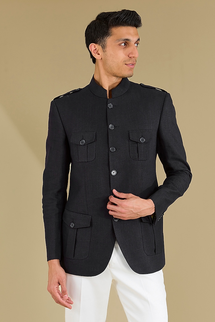 Dark Blue Linen Hunter Jacket Set by VICUGNA at Pernia's Pop Up Shop