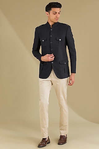 Dark Blue Linen Hunter Jacket Set by VICUGNA