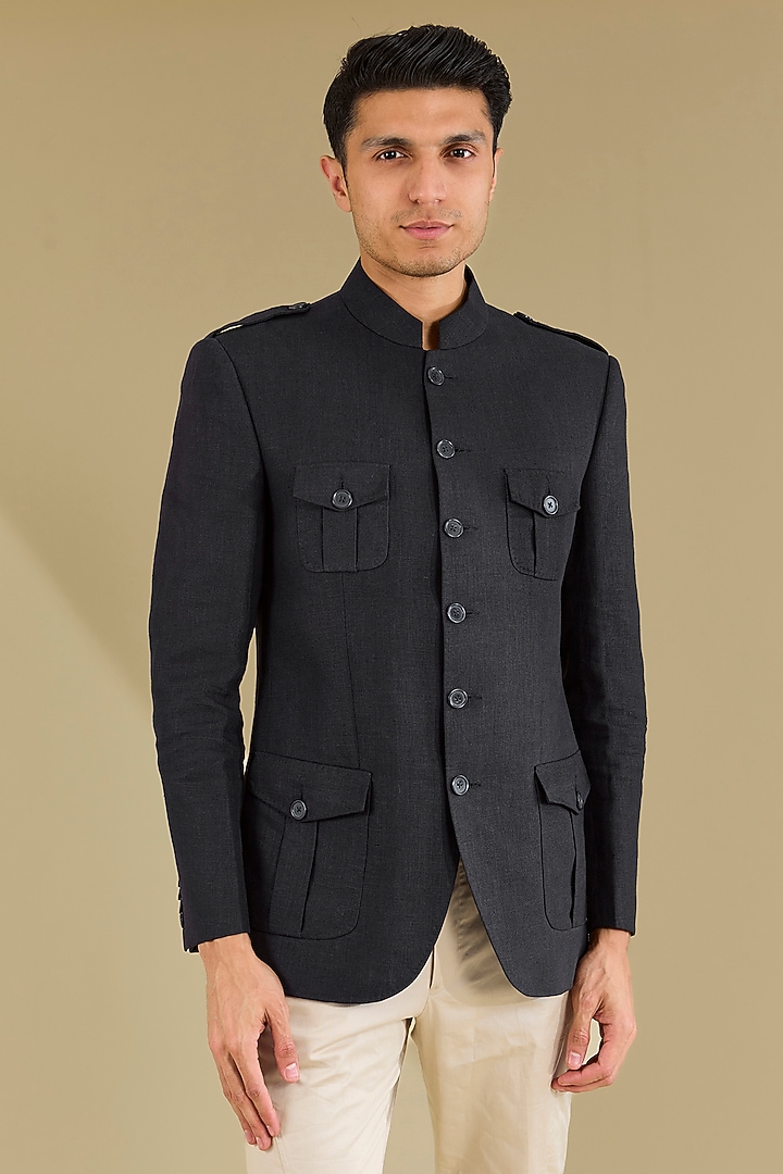 Dark Blue Linen Hunter Jacket Set by VICUGNA at Pernia's Pop Up Shop